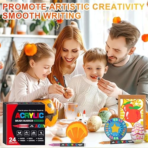 Laconile 24 Couleurs Feutre Acrylique, stylos acryliques à pointe pinceau pour le coloriage adulte ，Acrylic Paint Markers pour Coloriage, Calligraphie, Bois, Toile, Verre, Céramique (24) thumbnail 8
