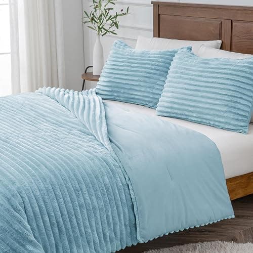 BEDELITE Fleece Queen Comforter Set -Super Soft & Warm Fluffy Light Blue Bedding, Luxury Fuzzy Heavy Bed Set for Winter with 2 Pillow Cases thumbnail 9