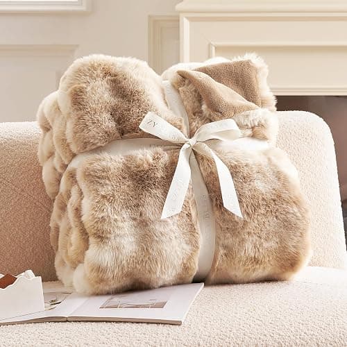 Cozy Bliss Faux Fur Throw Blanket for Couch, Fuzzy Soft Plush Thick Bubble Blanket for Sofa Bedroom Living Room, 50 * 60 Inches Tie-dye Beige thumbnail 4