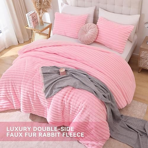 Smoofy Fluffy Queen Comforter Set 3 Pieces - Pink Fleece Fluffy Comforter Set, Luxury Fuzzy Queen Bedding Set, Soft Warm Bed Set All Season, Heavy Faux Fur Comforter with 2 Pillow Cases thumbnail 4
