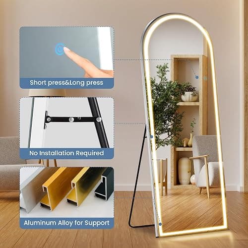 DUMOS Arched Full Length Mirror with Light- 26"×70" LED Floor Standing Mirror with 3 Color Lights & Wall Mounted for Bedroom, Dressing Room, Living Room, Bathroom thumbnail 7