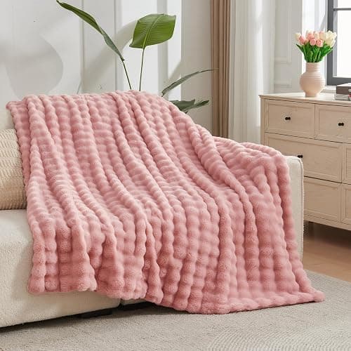 NEWCOSPLAY Faux Fur Throw Blanket Pink Bubble Blanket Thick Warm Soft for Couch Sofa Bed 550GSM (Pink, Throw(50"x60")) thumbnail 7