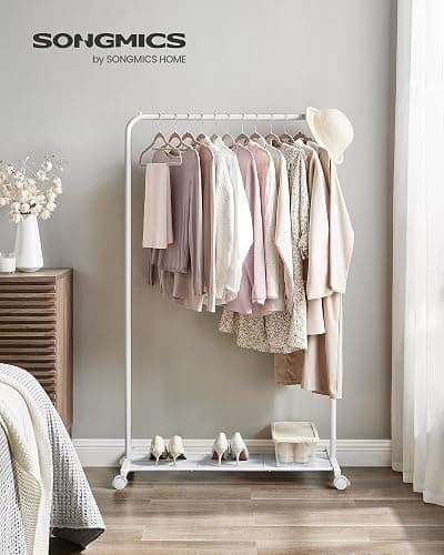 SONGMICS Clothes Rack with Wheels, 35.8 Inch Garment Rack, Clothing Rack for Hanging Clothes, with Dense Mesh Storage Shelf, 110 lb Load Capacity, 2 Brakes, Steel Frame, White UHSR025W01 thumbnail 3