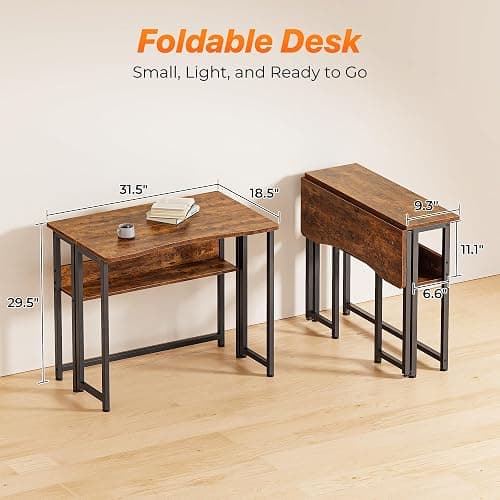 Huuger Folding Desk with Storage Shelf, 31.5 Inch Foldable Computer Table for Small Spaces, Space Saving Sofa Table for Couch, Writing Work Office Computer Desk, Easy to Fold, Rustic Brown thumbnail 2