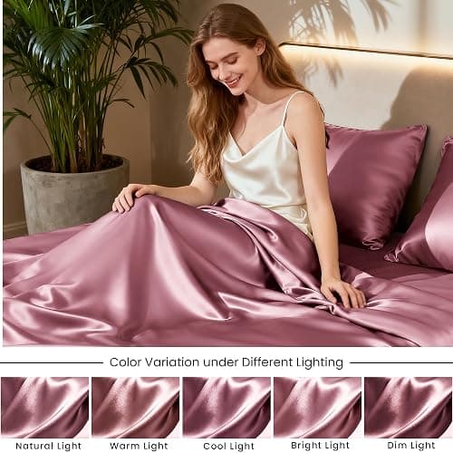 Love's cabin Satin Queen Sheets Set, 4 Pieces, Rose Taupe, 15" Deep Pocket | Luxury Silky Touch Bedding Set: Fitted Sheet, Flat Sheet & Pillowcases, Soft Smooth Silk Feel, All-Around Elastic Snug Fit thumbnail 7