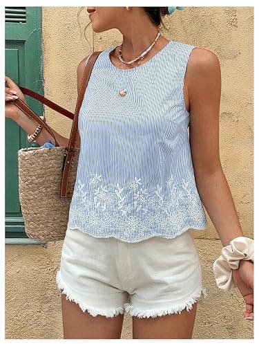 MakeMeChic Women's Striped Floral Blouse Crew Neck Embroidery Sleeveless Summer Tops thumbnail 2
