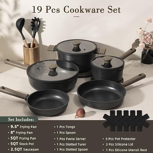 Astercook Non Stick Pots and Pans Set, Healthy Non-Toxic Titanium Induction Kitchen Cookware Sets for Cooking with Frying Pans, PFAS/PTFE/PFOA & PFOS Free, Black, 19 Pcs thumbnail 3
