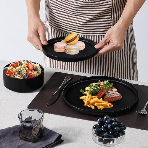 E-far Black Dinnerware Sets with Pasta Bowls, 24-Piece Stoneware Plates and Bowls Sets for 6 | Microwave & Dishwasher Safe Kitchen Modern Dish Set, Matte Black thumbnail 2