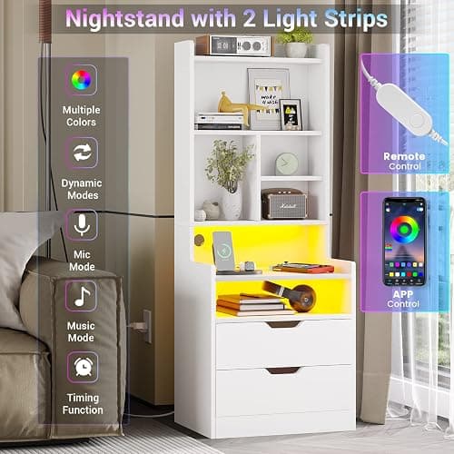 BTHFST Tall Nightstand with Charging Station and LED Lights, White LED Nightstand with Bookshelf, Bedside Table with Shelves and 2 Drawers, Tall End Side Table with USB Ports and Outlets, White thumbnail 4