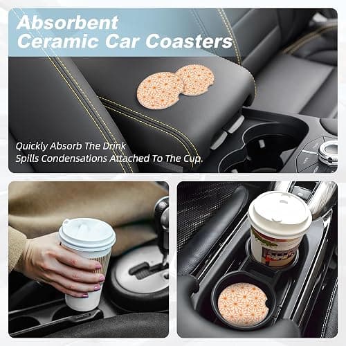 Orange Floral Car Coasters for Cup Holders,2 Pack Car Cup Holder Coasters for Car,Ceramic Absorbent Car Coaster with A Finger Notch and Cork Base,Car Interior Accessories for Women Men thumbnail 8
