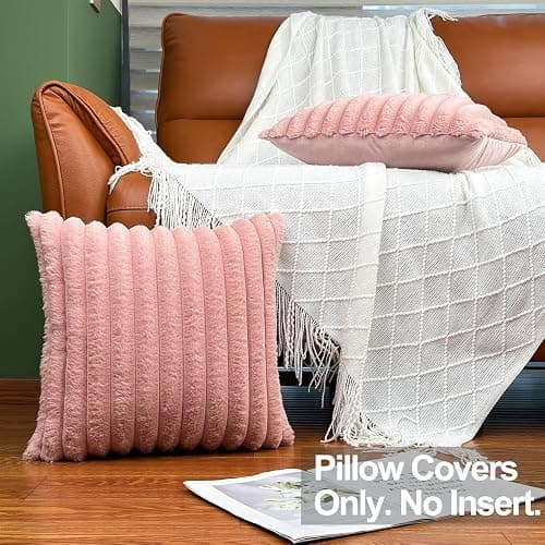18x18 Throw Pillow Covers Set of 2, Decorative Faux Fur Covers for Bed, Couch Soft Fluffy Pillow Cover with Velvet Back for Living Room, Neutral Home Décor Accent for Sofa - Pink - Pink - 18" x 18" (Pack of 2) thumbnail 3