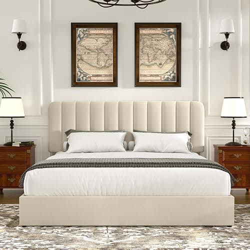 VECELO Full Size Upholstered Bed Frame with 4 Drawers and Headboard, Velvet Platform Storage Bedframe, Wooden Slats Support, No Box Spring Needed,Beige thumbnail 5