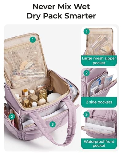 BAGSMART Toiletry Bag Large Roomy Makeup Bag, Portable Makeup Bag with Handle for Travel-Sized Shampoo, Conditioner & Brushes Set, Pink thumbnail 3