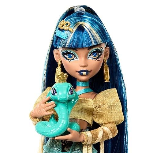 Monster High Cleo De Nile Doll in Golden Blouse & Layered Skirt, Includes Pet Cobra Hissette & Accessories Like a Backpack, Snack & Scroll thumbnail 4