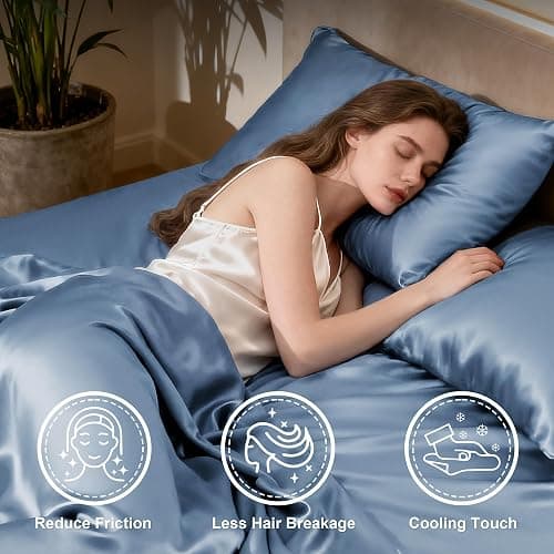 Love's cabin Satin Queen Sheets Set - 4 Piece Ash Blue Silky Bed Sheets Set with Deep Pocket, Luxury Silk Feel Satin Queen Size Sheet Set (1 Flat Sheet,1 Fitted Sheet,2 Pillow Cases) thumbnail 3