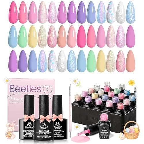 Beetles Spring Gel Nail Polish Set - 24Pcs Pastel Pink Purple Pearl Blue Shimmer Chameleon Green Colors Gel Nail Kit 3Pcs Base Top Coat Double-ended Brush Soak off UV Nail Easter Gifts for Women - Image 1