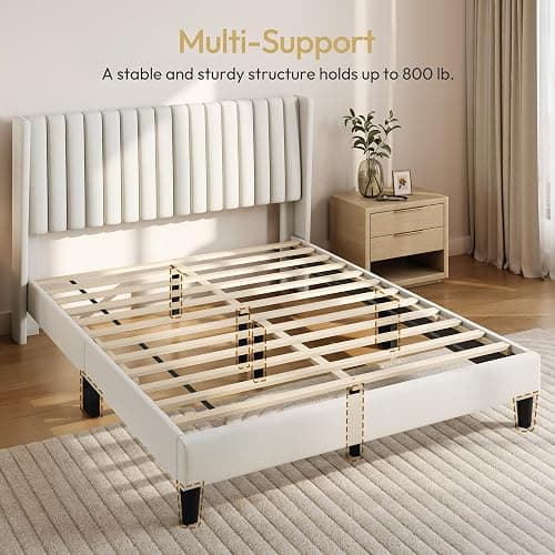 Yaheetech Queen Bed Frame Upholstered Platform Bed with Fabric Headboard, Wing Edge Design/Non-Slip and Noise-Free/Wooden Slats Support/No Box Spring Needed/Easy Assembly, Ivory Queen Bed thumbnail 7
