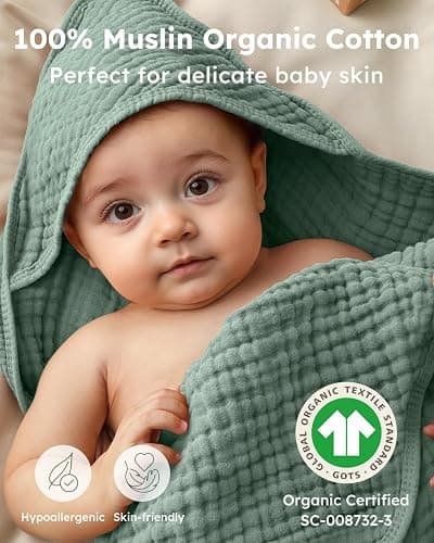 Yoofoss Hooded Baby Towels for Newborn 2 Pack 100% Muslin Organic Cotton Baby Bath Towel with Hood for Babies, Infant, Toddler and Kids, Large 32x32Inch, Soft and Absorbent Newborn Essential thumbnail 2