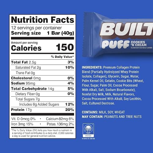 BUILT Bar Puff Protein Bars - Cookies 'N Cream - 17g Protein Snack Bars with Collagen - Calorie Conscious, No Gluten Free - 12 Count thumbnail 2