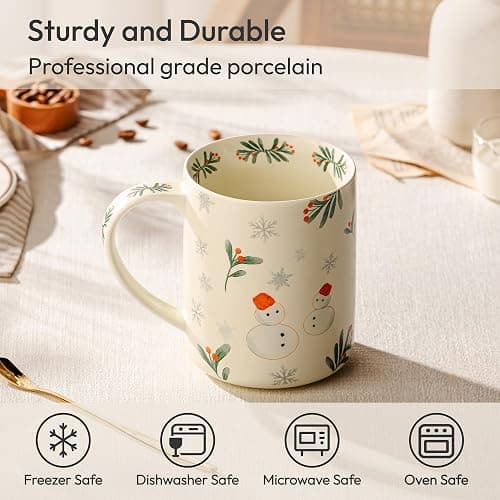 LINVIA 18 oz Large Ceramic Coffee Mug, Porcelain Tea Cup with Big Handle | Garden Floral Teacup, Microwave Dishwasher Safe (Winter, Christmas Tree and Snowman) thumbnail 4