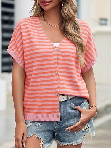 Saodimallsu Womens Summer Oversized Cardigans Batwing Short Sleeve Lightweight Button V Neck Casual Knit Sweater Tops thumbnail 2