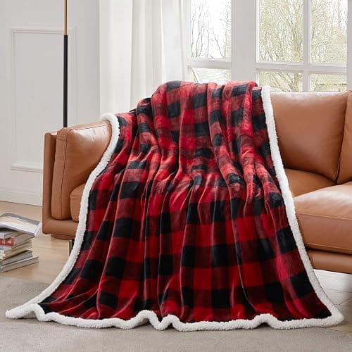 Touchat Sherpa Red and Black Buffalo Plaid Christmas Twin Blanket 60" X 70", Fuzzy Fluffy Soft Cozy Throw Blanket, Fleece Flannel Plush Microfiber Blanket for Couch Bed Sofa thumbnail 2
