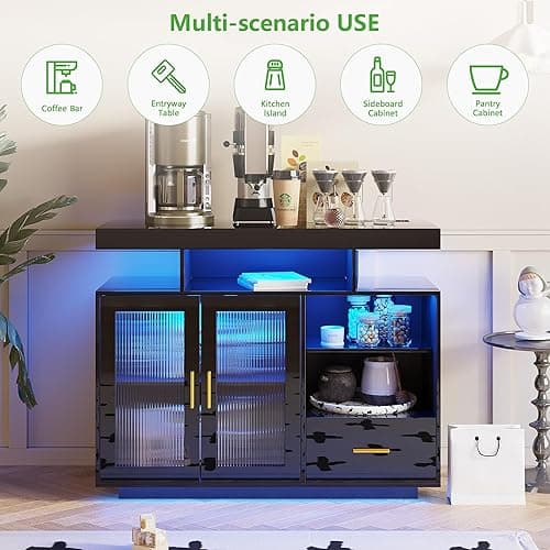 HNEBC LED Sideboard Buffet Cabinet with Charging Station, Smart Bar Cabinet with Auto RGB Lighted, High Gloss Coffee Bar with Drawer/Hutch for Living Room, Dining Room, Home Storager(Black) thumbnail 6