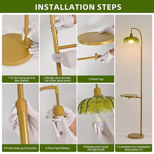 WELAISA Glass Floor Lamp with Table and Shelves, Gold | Remote Dimmable, Boho Brass Tall Lamp, Vintage Farmhouse Arc, Green Flower Design thumbnail 7