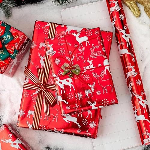 Merture Reindeer Red Christmas Wrapping Paper Roll, Metallic Red Solid Color Gift Wrap for Christmas Wedding New Year Birthday Valentines Day Mothers Day Baby Shower - Mini Roll - 17 In X 32.8 Ft(46.5 sqft) thumbnail 4