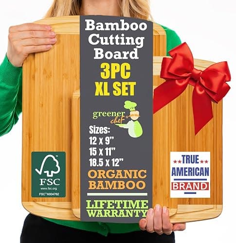 Organic Bamboo Cutting Boards for Kitchen Set of 3 with Lifetime Replacements – Premium Extra Large Wood Chopping Boards with Juice Grooves for Carving & Serving, Non-Toxic & Durable by Greener Chef - Image 1