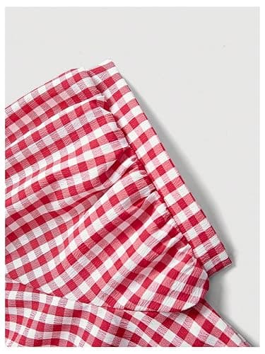 SweatyRocks Women's Y2K Short Puff Sleeve Button Down Fitted Gingham Plaid Crop Top Blouse thumbnail 4