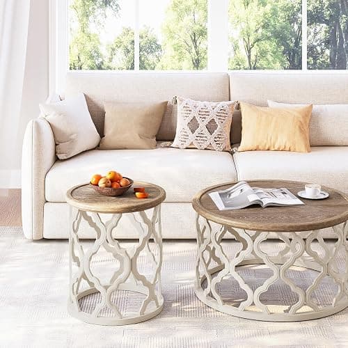 karlott Farmhouse End Table, 18.5'' French Country Round Side Table, Distressed Tray Top Side Table with Curved Motif Frame Base for Boho, End Tables Living Room, Bedroom, Small Space, Cream Beige thumbnail 9