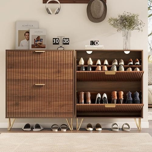 LYNCOHOME Fluted Narrow Shoe Storage Cabinet with 2 Flip Drawers, Freestanding Shoe Organizer for Entryway, Shoe Rack Cabinet with Adjustable Shelves, Walnut thumbnail 7