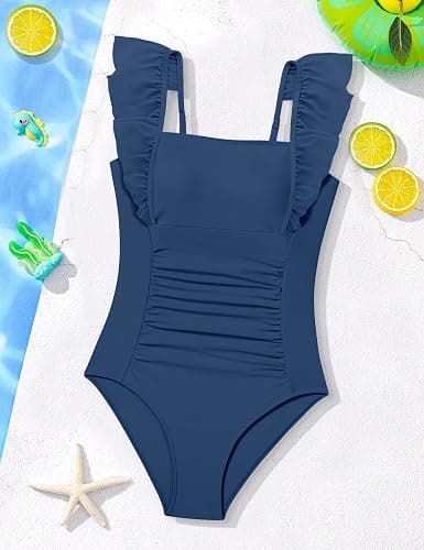 NECIOUS Girls Swimsuit Ruffle Adjustable Straps One Piece Bathing Suit Solid Color Ruched Girls' Swimwear 9-16Y thumbnail 5