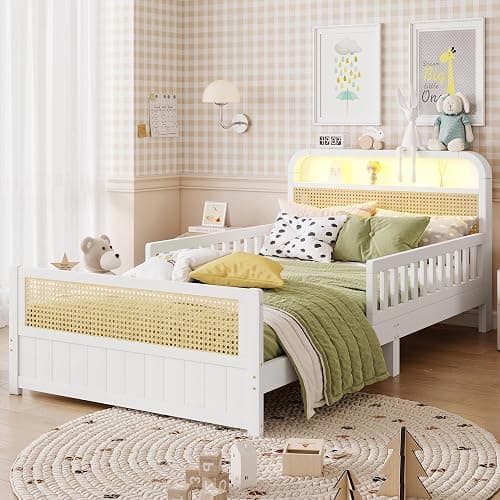 Twin Bed with Rails, Wood Twin Bed Frame with LED Lights and Storage Headboard, Twin Platform Bed Frame with Headboard, Wooden Twin Bed Frame for Kids with Side Rails, No Box Spring Needed, White thumbnail 9