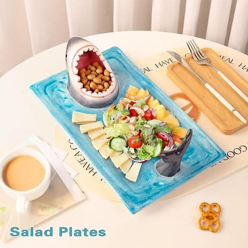 Light Blue Ceramic Shark Plate, Shark Sushi Plates, Funny Handmade Kitchen Salad Plates with Dipping Sauce Bowl, Microwave/Oven/Dishwasher Safe Plates, Holiday Birthday Gifts for Shark Party Lovers thumbnail 4
