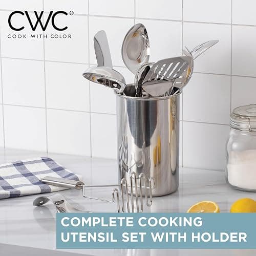 COOK WITH COLOR Kitchen Utensil Set - 10-piece premium Nonstick & Heat Resistant Kitchen Gadgets, Turner, Spaghetti Server, Serving Spoons, Whisk, Tongs, Masher & Utensil Holder, Stainless Steel thumbnail 3