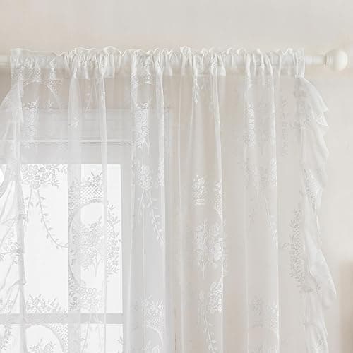 UNISTAR Lace Sheer Door Curtains with Rod Doorway Curtain for Closet Ratio | Lace Sheer Door Curtains with Rod, Luxury Doorway Curtain Living Room Divider for Closet Ratio Rod Pocket 55W x 80L in,White thumbnail 4