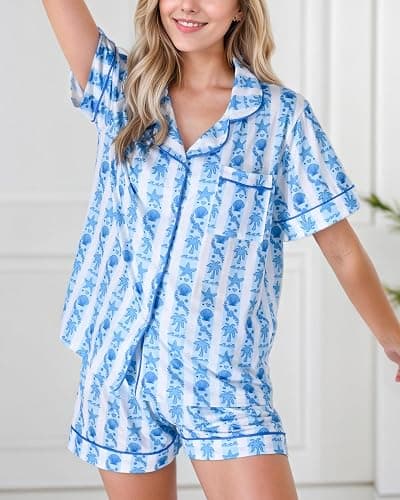 GZDINH Women's 2-Piece Pajama Set Palm and starfish Print Sleepwear Breathable Short Sleeve for Birthday Gift thumbnail 4