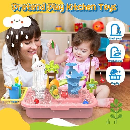 Play Sink with Running Water, 4-in-1 Kids Kitchen Sink Toys with Electric Faucet, Water Table Floating Pool Toy w/Fishing Game, Duck Slide, Pretend Play Dishwasher Set for Toddler Boys Girls (Pink) thumbnail 4