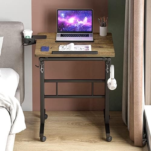 Klvied Rolling Mobile Desk with Cup Holder, Portable, Adjustable Height Small Stand up Desk on Wheels for Home Office Laptop Cart, Computer, Standing or Sitting,Oak thumbnail 2