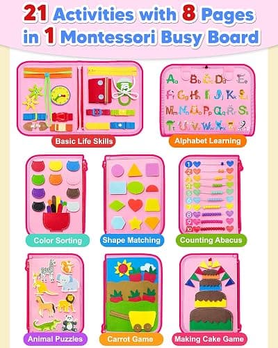 Exorany Busy Board Montessori Toys for Toddler Girl Birthday Gifts, Busy Book Sensory Learning Toys for Toddlers, Toddler Girl Airplane Car Travel Toy Educational Activities thumbnail 4