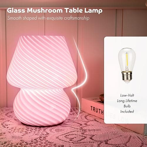 ULAROOM Battery Operated Mushroom Lamp-Cute Small Pink Aesthetic Table Lamp with Timer,Cordless Bedside Lamp for Girl Gifts,Glass Decorative Lamp for Bedroom/Entryway/Shelf/Desk Decor/Dorm/Office thumbnail 6