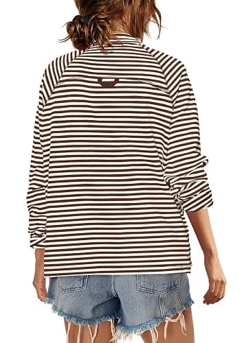 Yanekop Womens Striped Mock Neck Shirts Oversized Long Sleeve Tops Casual Pullover Tops Fall Fashion Basic Tees thumbnail 3