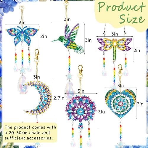 6 Pcs Diamonds Paintings Suncatcher, Double Sided 3D Diamonds Paintings Wind Chime Paint by Number, Diamond Paintings Hanging Ornaments for Adults Home Garden thumbnail 3