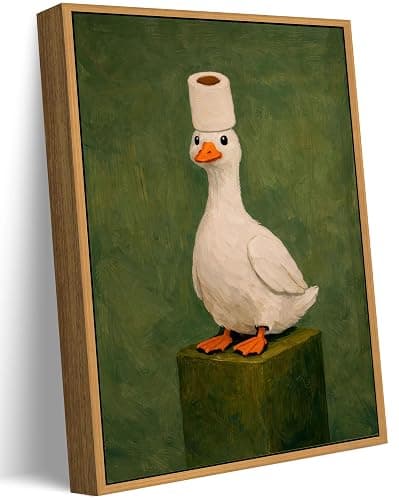 Framed Funny Bathroom Canvas Wall Art, Duck and Toilet Paper Painting Picture Wall Decor, Vintage Cute Animal Toilet Poster Print Artwork for Bathroom, Washroom, Restroom Decoration 8x10in - Image 1