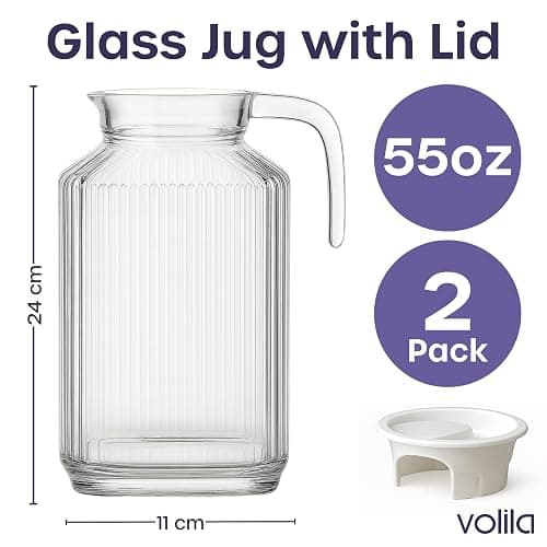 Glass Pitcher with Lid – 2 Pack 55 oz Glass Water Pitcher, Iced Tea Pitcher with Handle, Ribbed Juice Container for Fridge, Glass Beverage Container for Lemonade, Milk, Drinks thumbnail 2