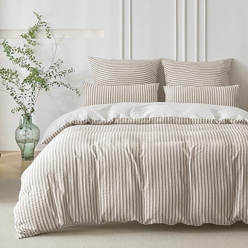 SOULFUL Bettwäsche 220x240 Baumwolle Gestreift, Jacquard Gewaschene Baumwolle Boho Bettwäsche-Sets Ästhetisches Kontrastdesign mit Reißverschluss-Braun - Image 1