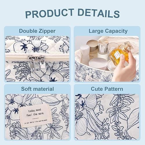 GISMTR 3Pcs Cotton Quilted Makeup Bag Large Travel Cosmetic Bag Coquette Makeup Pouch Cute Aesthetic Floral Toiletry Bag for Women Girls (flower-D) thumbnail 4