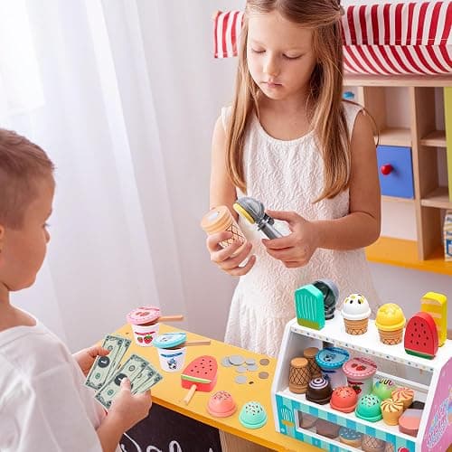 Meland Ice Cream Toy - Wooden Ice Cream Play Set with Aprons, Pretend Play Toys with Play Food, Wooden Play Store Toys for Toddlers, Kids Toys & Gift for Girls Boys Age 3 4 5 6 7 Years Old thumbnail 2
